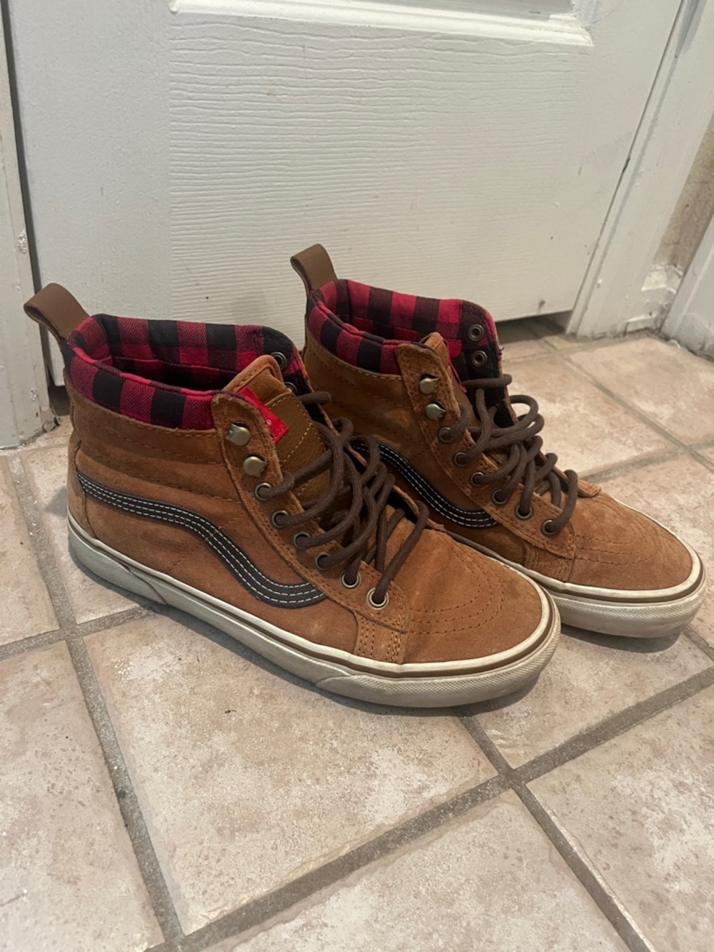 Vans Brown Suede High-Top Sneakers with Red Plaid Collar